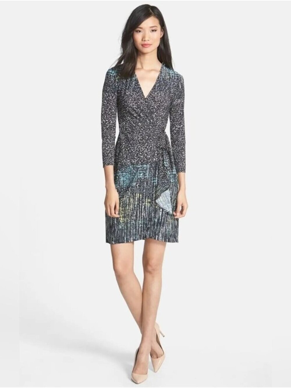 BCBGMAXAZRIA Adele Printed Wrap Dress Sea Green Abstract Jersey Knit Size Small